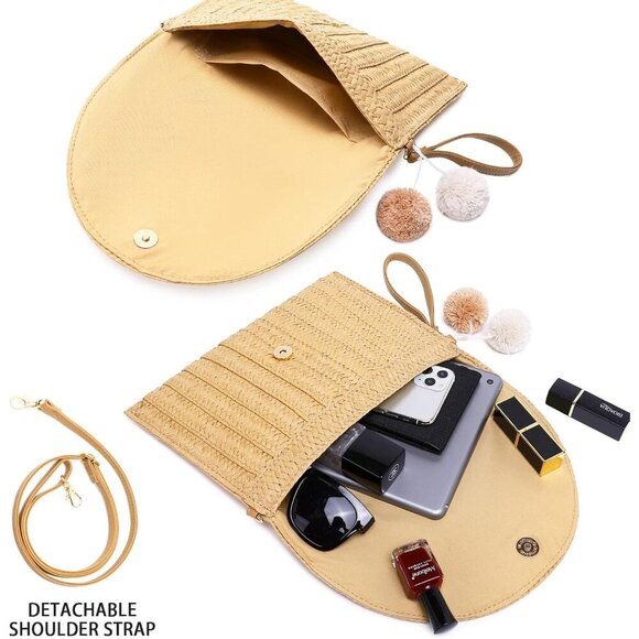 🆕Women Straw Brown Linen Clutch Purse Beach Envelope  Crossbody Shoulder Bag - Picture 3 of 6